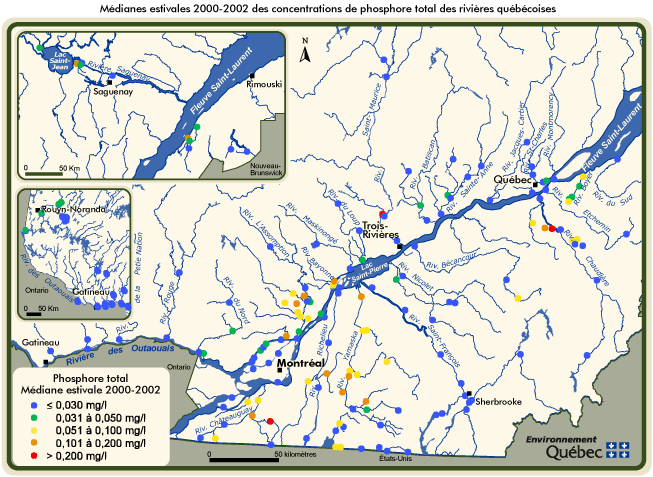 Mdianes estivales 2000-2002 des concentrations de phosphore total des rivires qubcoises