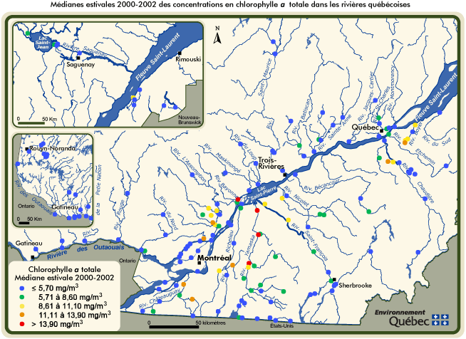 Mdianes estivales 2000-2002 des concentrations en chlorophylle a totale dans les rivires qubcoises