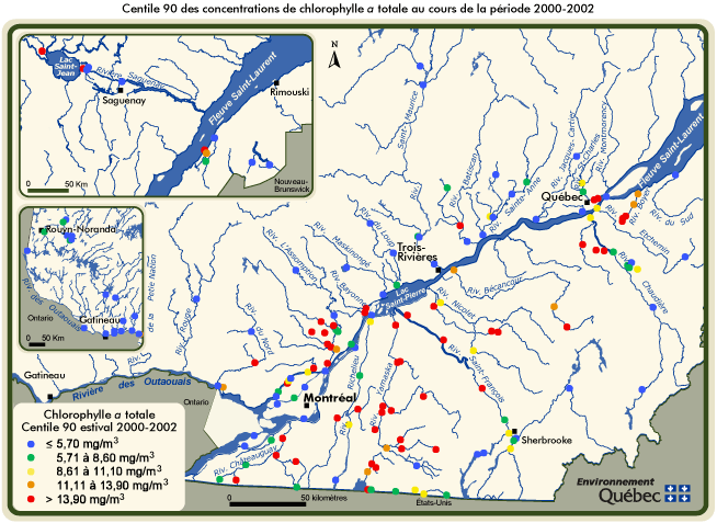 Centile 90 des concentrations de chlorophylle a totale au cours de la priode 2000-2002