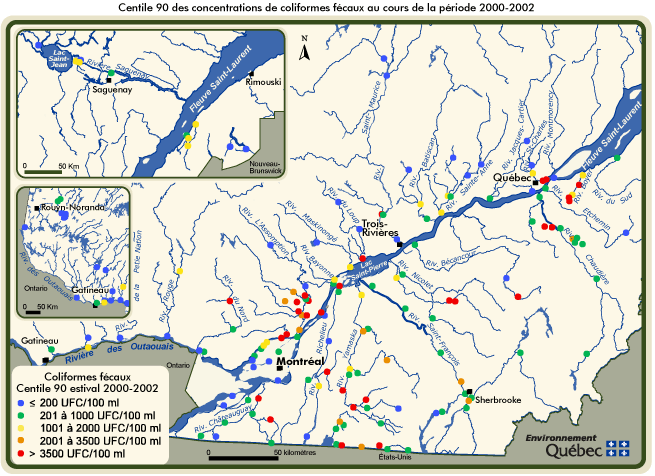 Centile 90 des concentrations de coliformes fcaux au cours de la priode 2000-2002