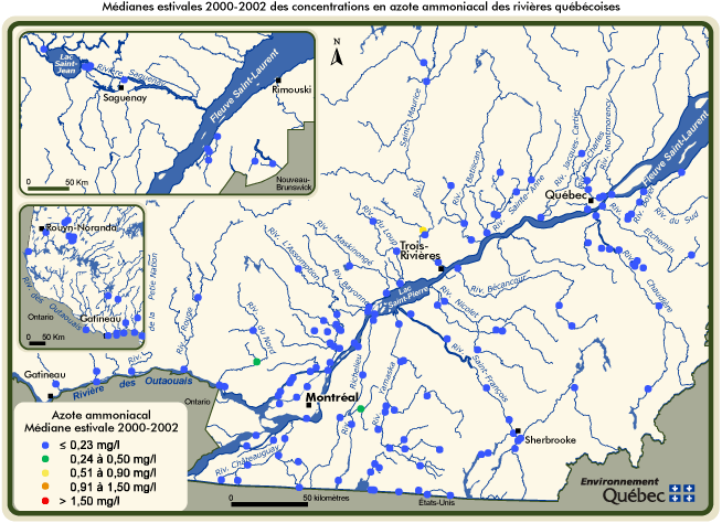 Mdianes estivales 2000-2002 des concentrations en azote ammoniacal des rivires qubcoises