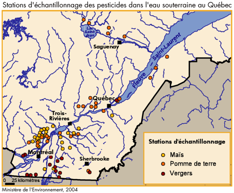 Stations d'échantillonnage des pesticides dans l'eau souterraine au Québec