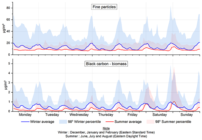 The graph curves show the increase in hourly concentrations of fine particles and black carbon on a weekly basis in winter and summer measured at the Québec – École Les Primevères station from 2019 to 2021. In winter, measurements were taken from December to February Eastern Standard Time and in summer they were taken from June to August Eastern Daylight Time.