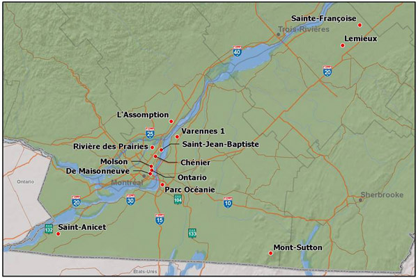 . Localisation des stations d’échantillonnage des composés organiques volatils (COV) dans le sud du Québec (de 1989 à 2012)