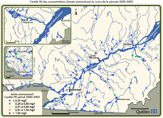 Centile 90 des concentrations d'azote ammoniacal au cours de la priode 2000-2002