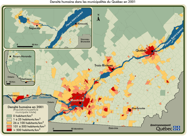Densité humaine dans les municipalités du Québec en 2001
