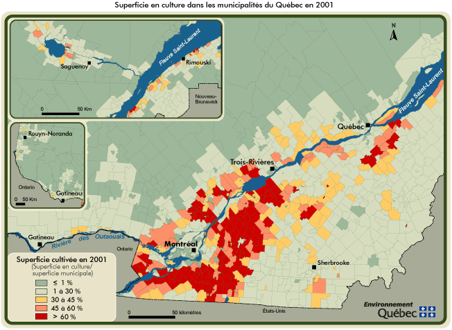 Superficie en culture dans les municipalités du Québec en 2001