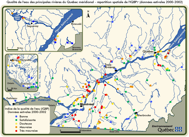 Qualité de l'eau des principales rivières du Québec méridional - répartition spatiale de l'IQBP7 (données estivales 2000-2002)