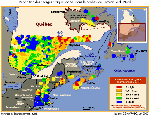 Rpartition des charges critiques acides dans le nord-est de l'Amrique du Nord