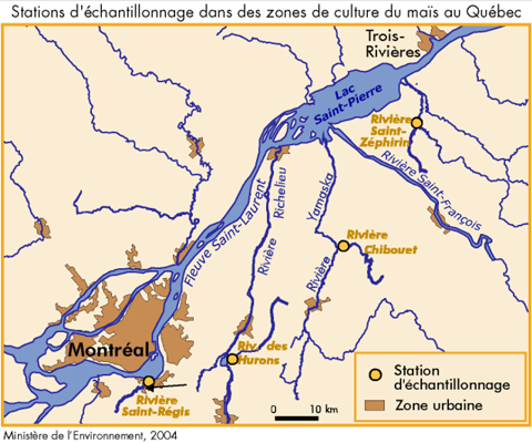 Stations d'échantillonnage dans les zones de culture du maïs au Québec