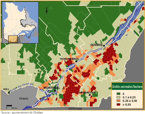 Densité animale dans le centre-sud du Québec, 2000
