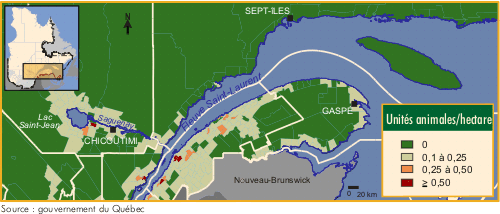 Densité animale dans le sud-est du Québec, 2000