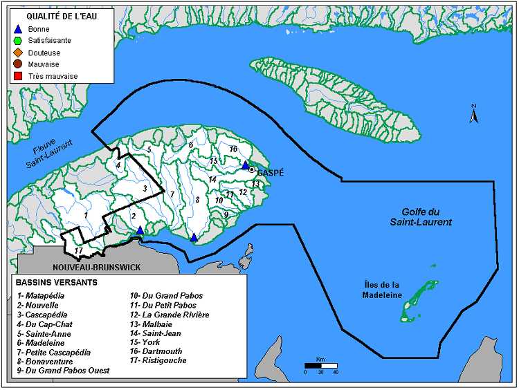 Carte 3.1 : Qualité de l’eau des rivières de la région de la Gaspésie–Îles-de-la-Madeleine
