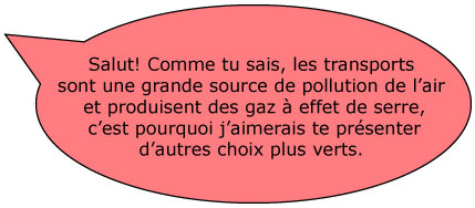 Salut! Comme tu sais, les transports sont une grande source de pollution de l’air et produisent des gaz à effet de serre, c’est pourquoi j’aimerais te présenter d’autres choix plus verts.