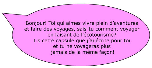 Bonjour! Toi qui aimes vivre plein d’aventures et faire des voyages, sais-tu comment voyager en faisant de l’écotourisme? Lis cette capsule que j’ai écrite pour toi et tu ne voyageras plus jamais de la même façon!